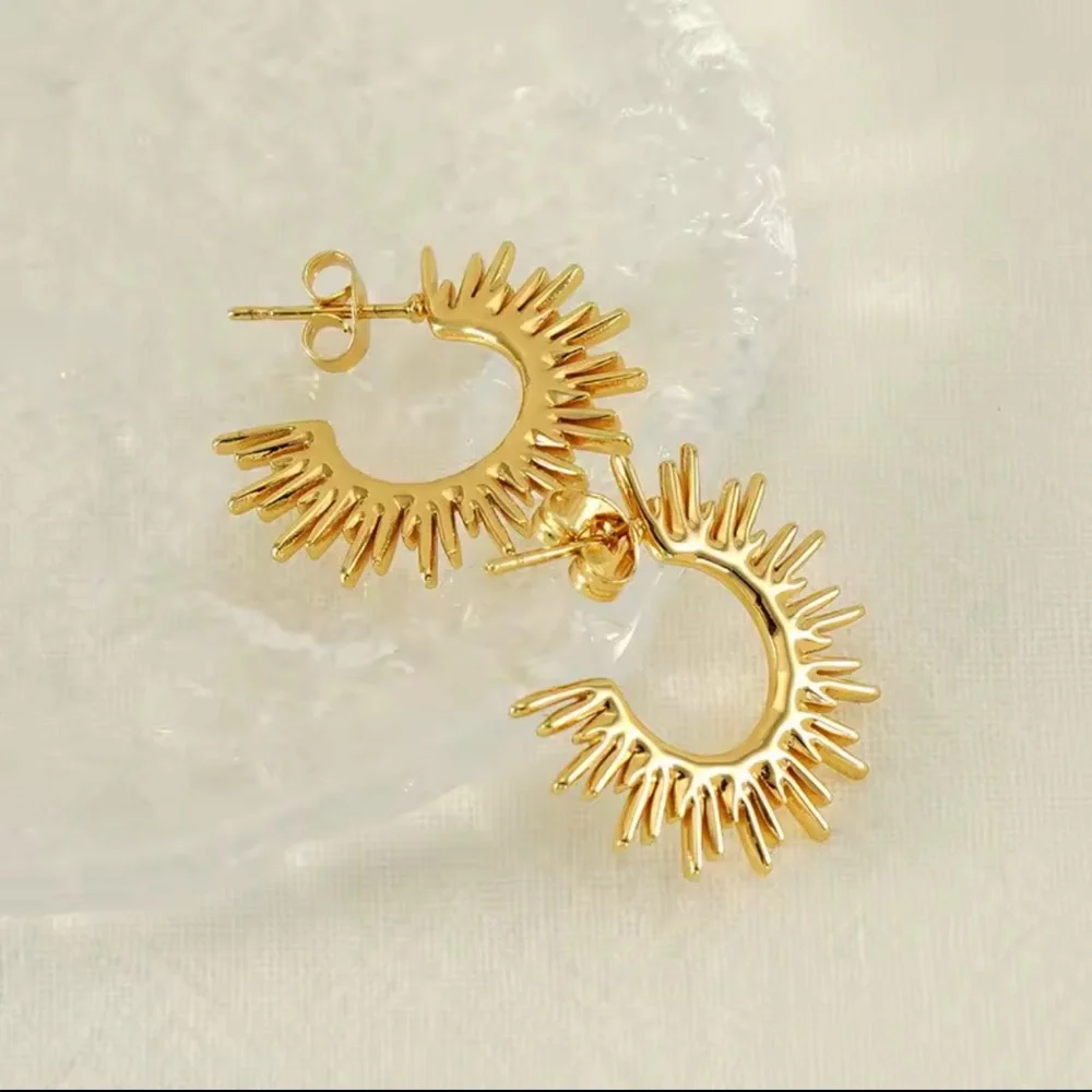Sunburst Hoop Earrings 18K Gold
Tarnish Resistant Stainless Steel - Picture 3 of 7